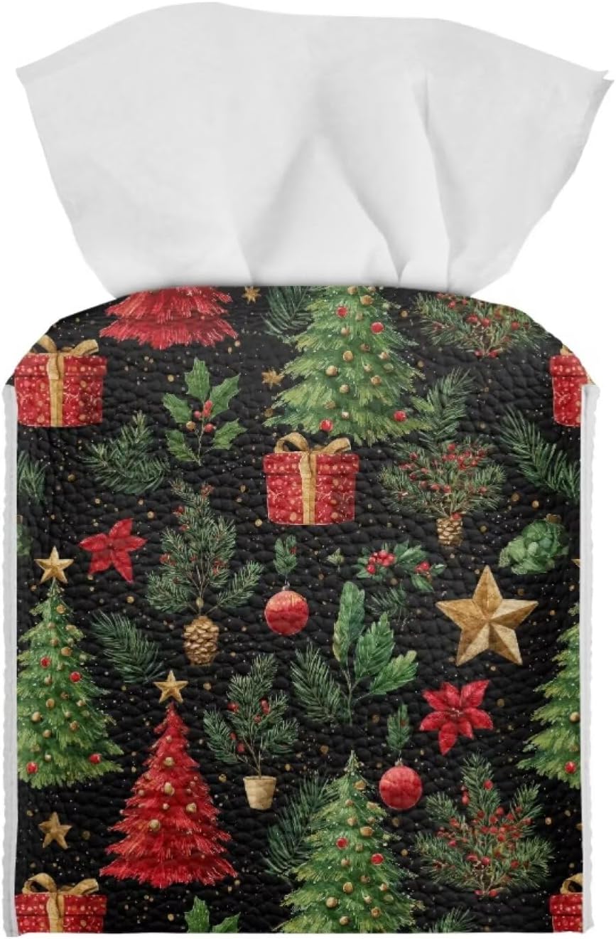 Christmas Tissue Box Cover Leather Tissue Box Holder 5x5x5 inch Modern Home Decor Holiday Theme Facial Paper Organizer Holder for Office Bedroom Car