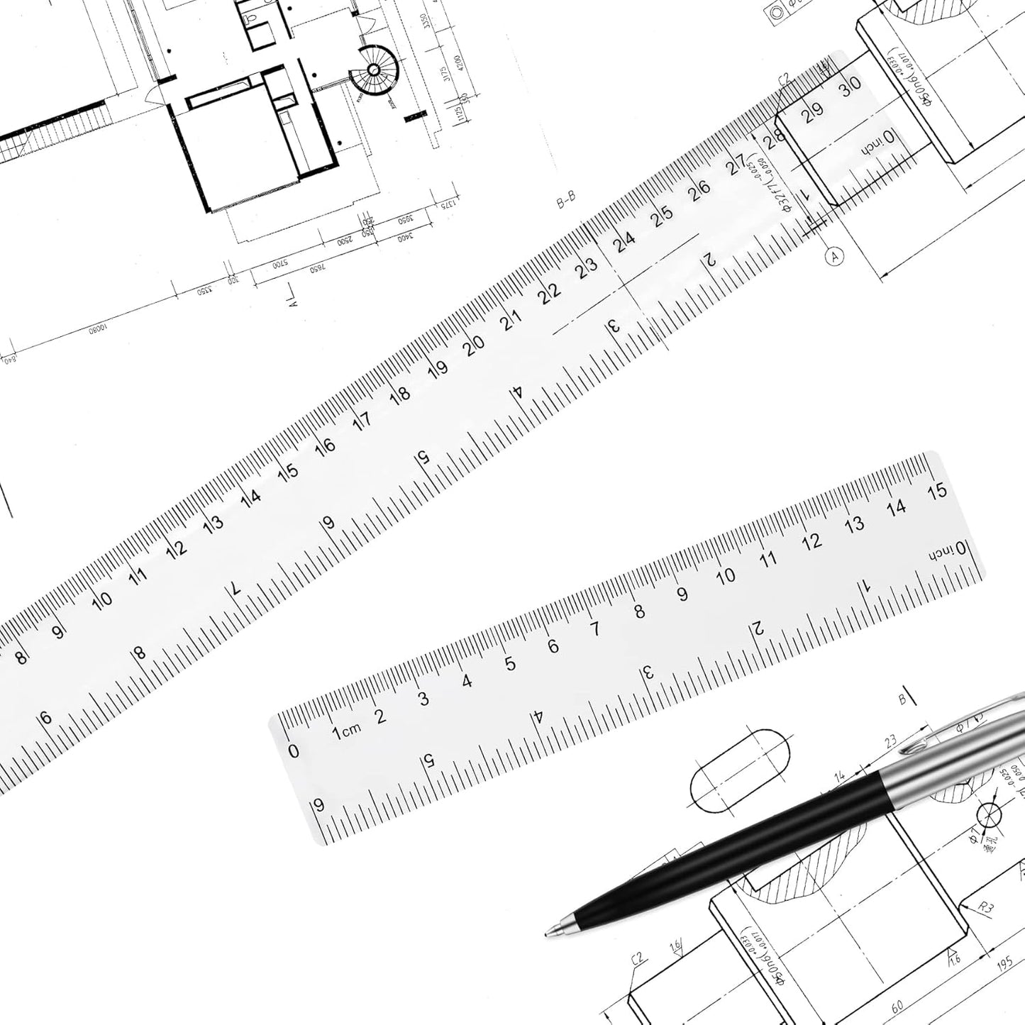 Clear Plastic 6 Inch+12 Inch Straight Ruler, Shatterproof With Inches and Centimeters for School, Classroom, Home, or Office (2pcs)