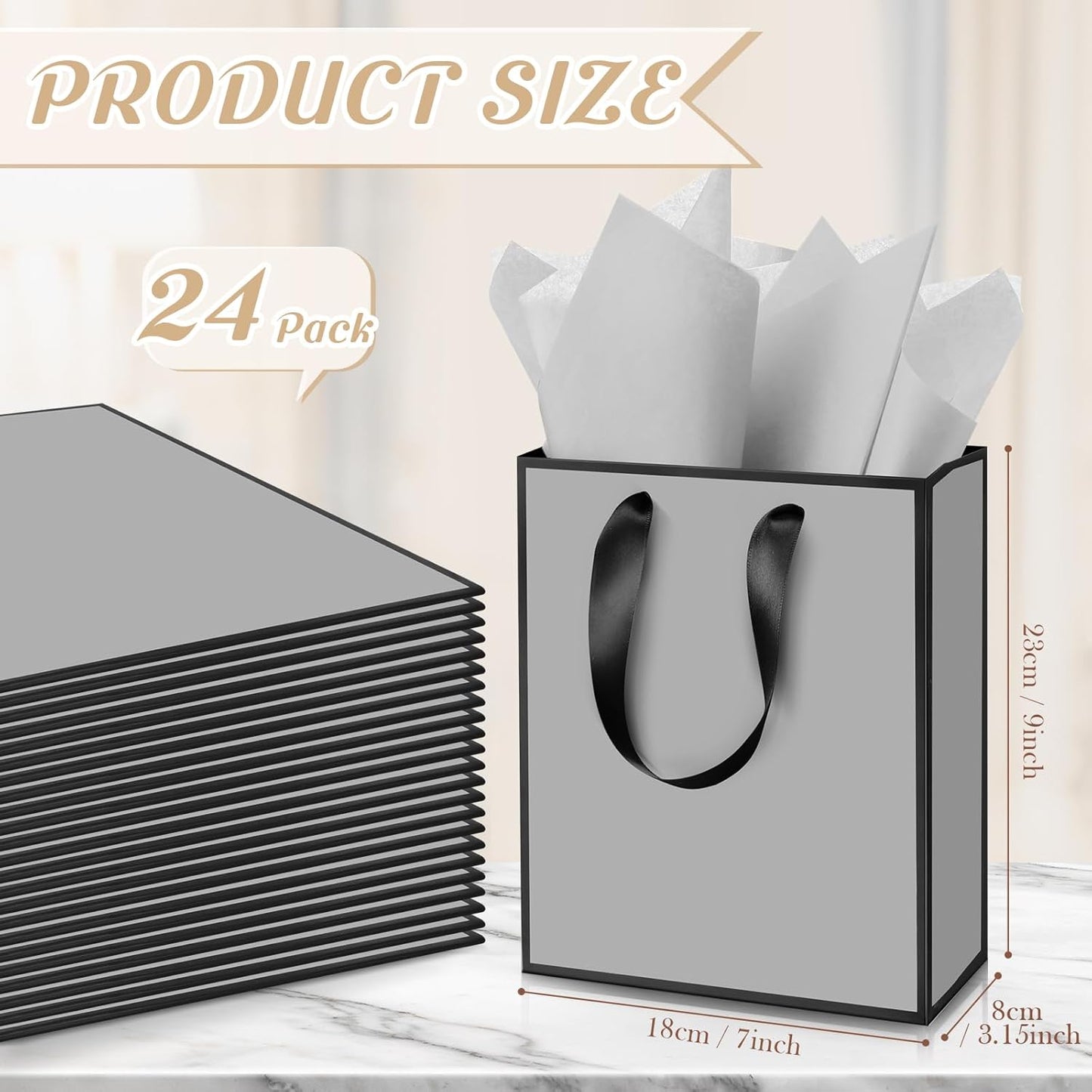 Yeaqee 24 Pack Metallic Paper Gift Bags with Handle and Tissue 9x7x3.1 Gold Foil Welcome Favor Bags Return Gifts for Wedding Fall 5 Senses Christmas Bridesmaid Birthday(Gray, Black)