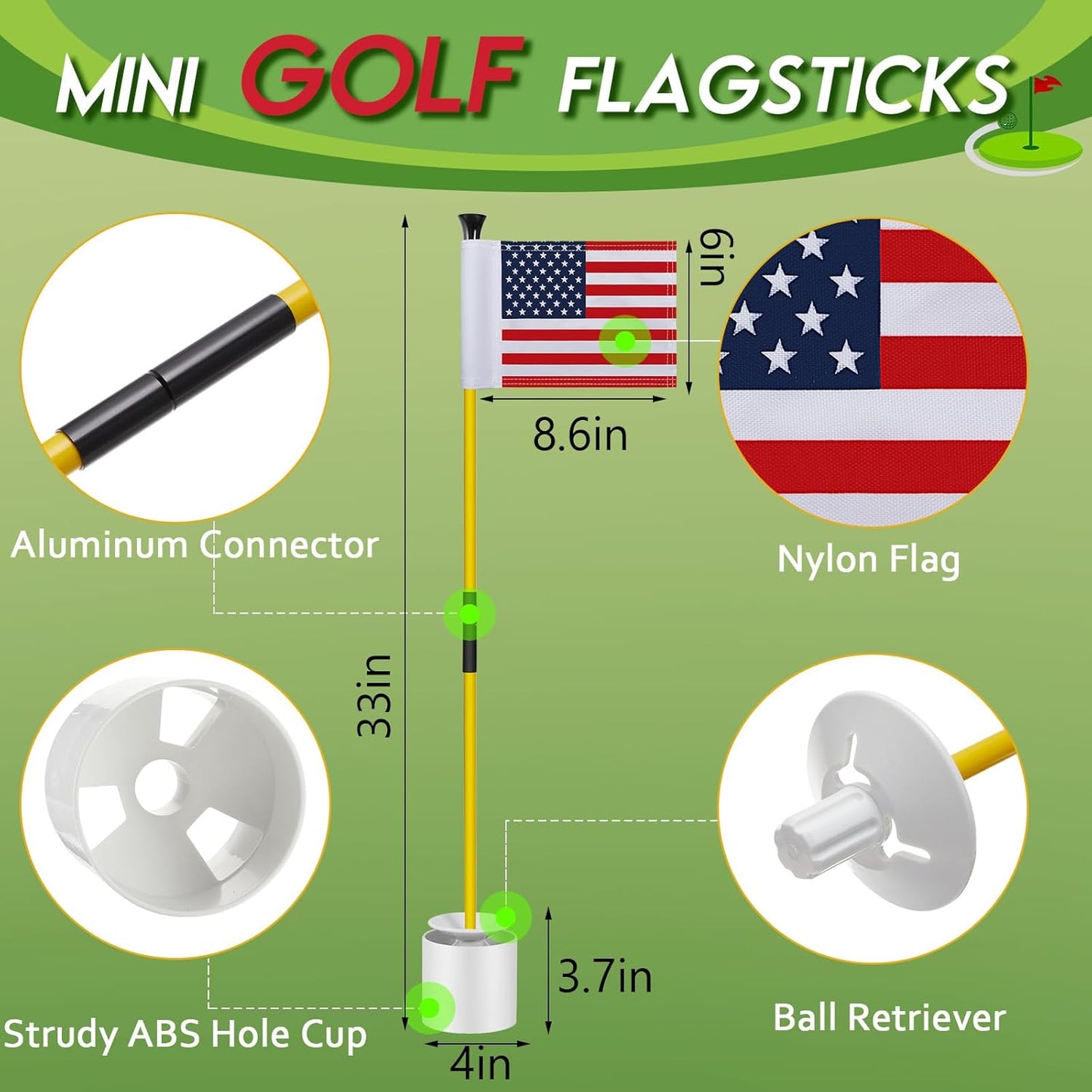 Meooeck 1 Pack Golf Flagstick 3ft Putting Green Pin Flag and Hole Cup Set for Yard Portable 2 Section Fiberglass Mini Golf Set for Driving Range Backyard, Double-side American Flag