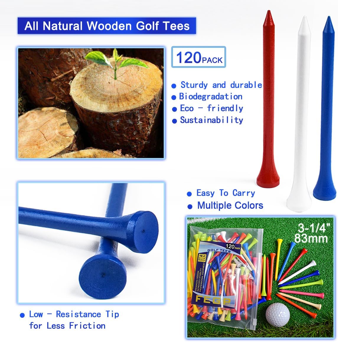 Golf Tees Professional Durable Natrual Wooden Golf Tees 3-1/4" -Pack of 120 Bulk, Multiple Colors Mix of Colours,Biodegradable Wood Golf Tees,Reduce Friction Side Spin More Stable 3-1/4 inch