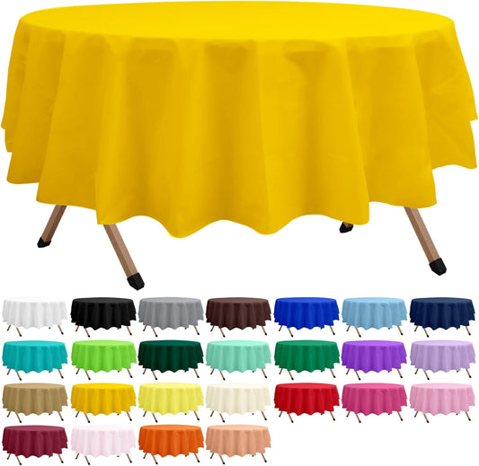 2 Pack Yellow Premium Plastic Tablecloth Round 84 Inches Reusable Sunshine Yellow Decorative Table Cover for Dining, Wedding, Party, Indoor and Outdoor use