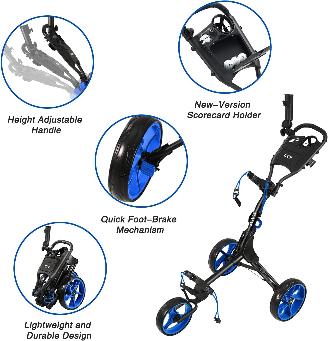 KVV 3 Wheel Golf Push Cart Ultra Lightweight Smallest Folding Size, New-Version Scorecard Holder
