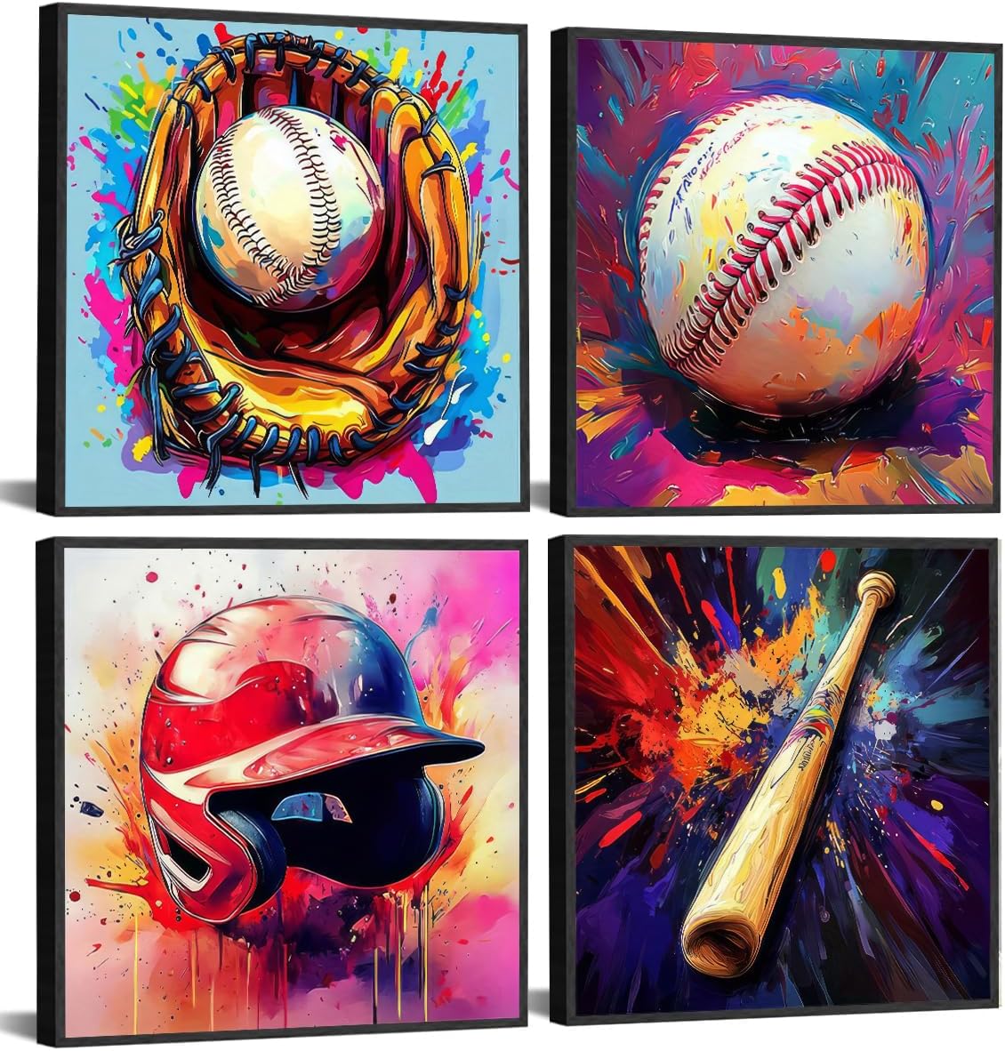 4Pcs Baseball Wall Art Boys Room Rustic Baseball American Football Painting Picture Wall Decor Modern Graffiti Poster Print Artwork for Man Cave Man Bedroom Living room Playroom Home Decoration