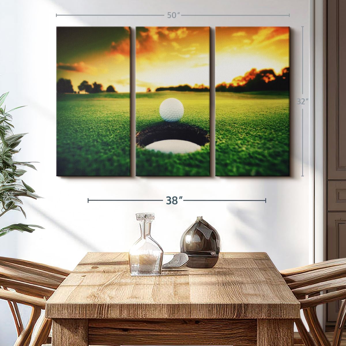 ElephantStock Golf Ball Wall Art - Horizontal Canvas - 3-Piece Living Room Wall Decor - Photography Sports Canvas Print - Orange and Yellow Decor for Wall - 50" X 32"