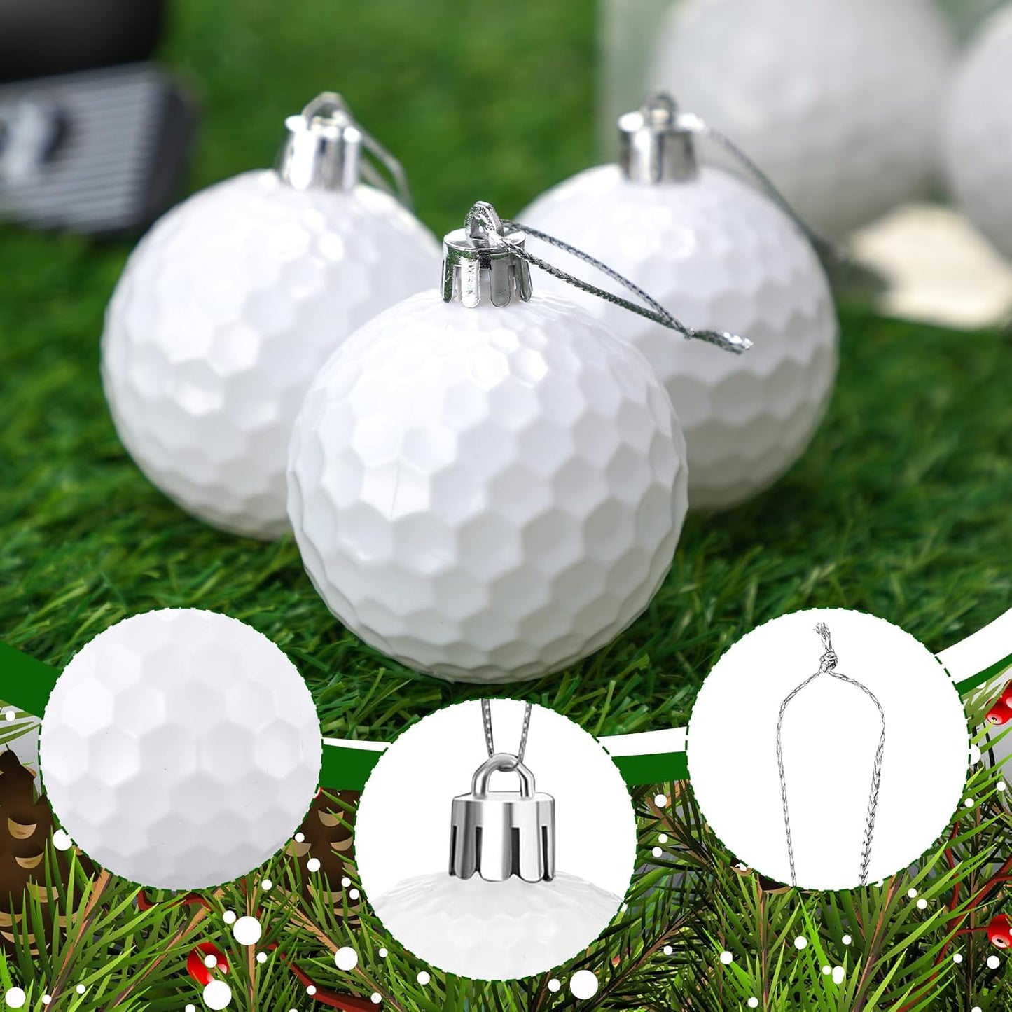 Leitee 12 Pcs Christmas Plastic Golf Ball 2.36 Inch Xmas Tree Ornaments with Hanging Loop Sports Theme Decorative Hanging Ornaments for Holiday Party Christmas Tree Home