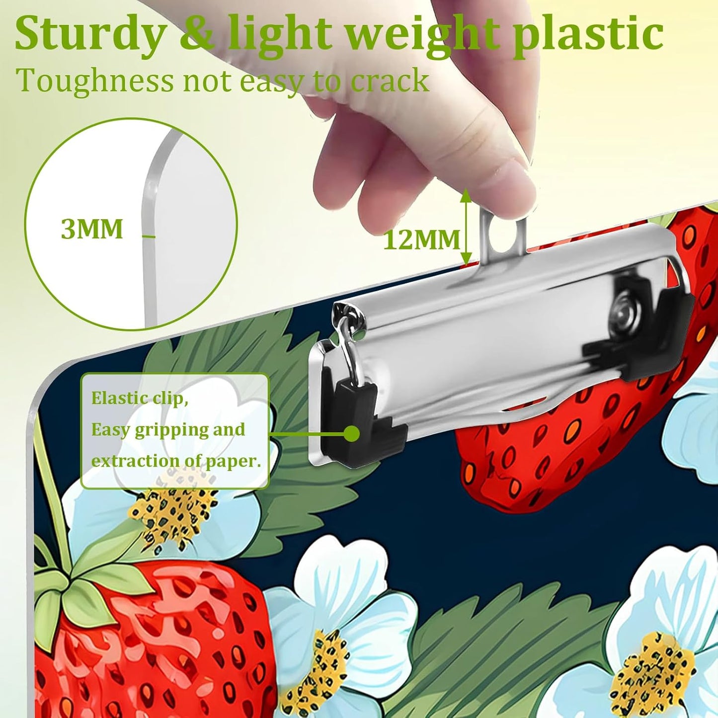 Strawberry Clipboard,Decorative Floral Acrylic Clipboard with Low Profile Metal Clip for Office,School,Teachers,Students Standard Letter Size 9x12.5