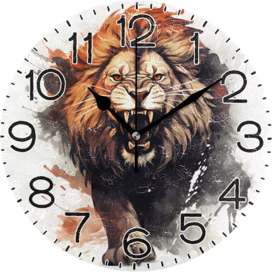 Roaring Lion Wild Animal Wall Clock Battery Operated Non Ticking Silent Quartz Analog Rustic Farmhouse Round Clock Retro Decor for Home Kitchen Living Room Bathroom