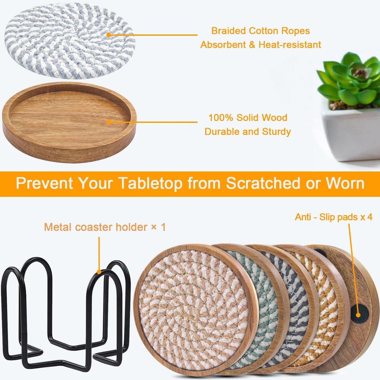 Coasters for Drinks Absorbent Sets of 5, Woven Coasters with Holder, Wood Coasters for Coffee Table, Housewarming Gift for Farmhouse Home Decor, 4 inches (Colorful Series)