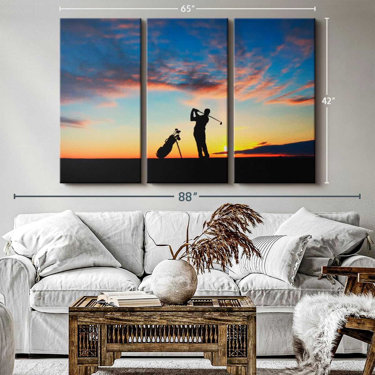 ElephantStock Golfing At Sunset Wall Art - Horizontal Canvas - 3-Piece Living Room Wall Decor - Golf Photography Canvas Print - Black and Orange Decor for Wall - 65" X 42"