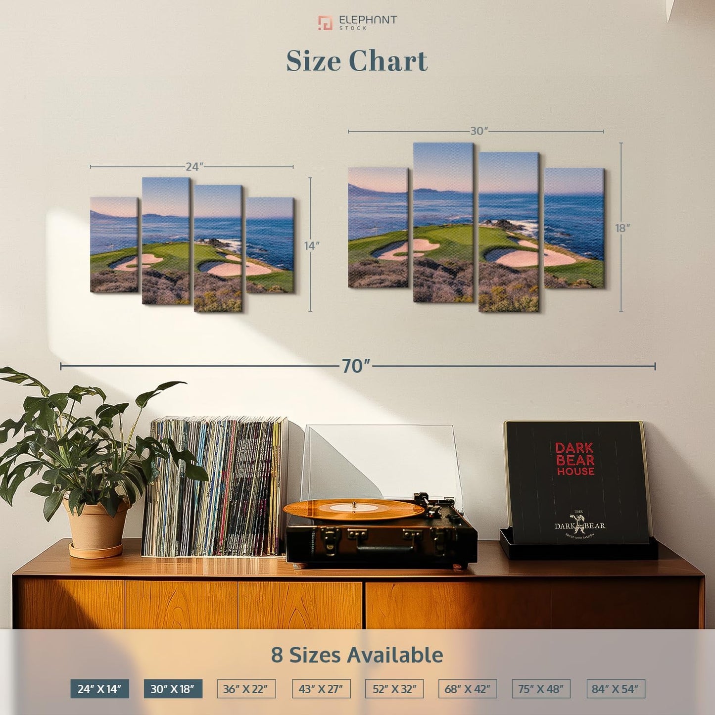 Elephant Stock Pebble Beach Golf Club Wall Art - Horizontal Canvas - 4-Piece Living Room Wall Decor - Luxury Photography Canvas Print - Beige and Blue Decor for Wall - 30" X 18"