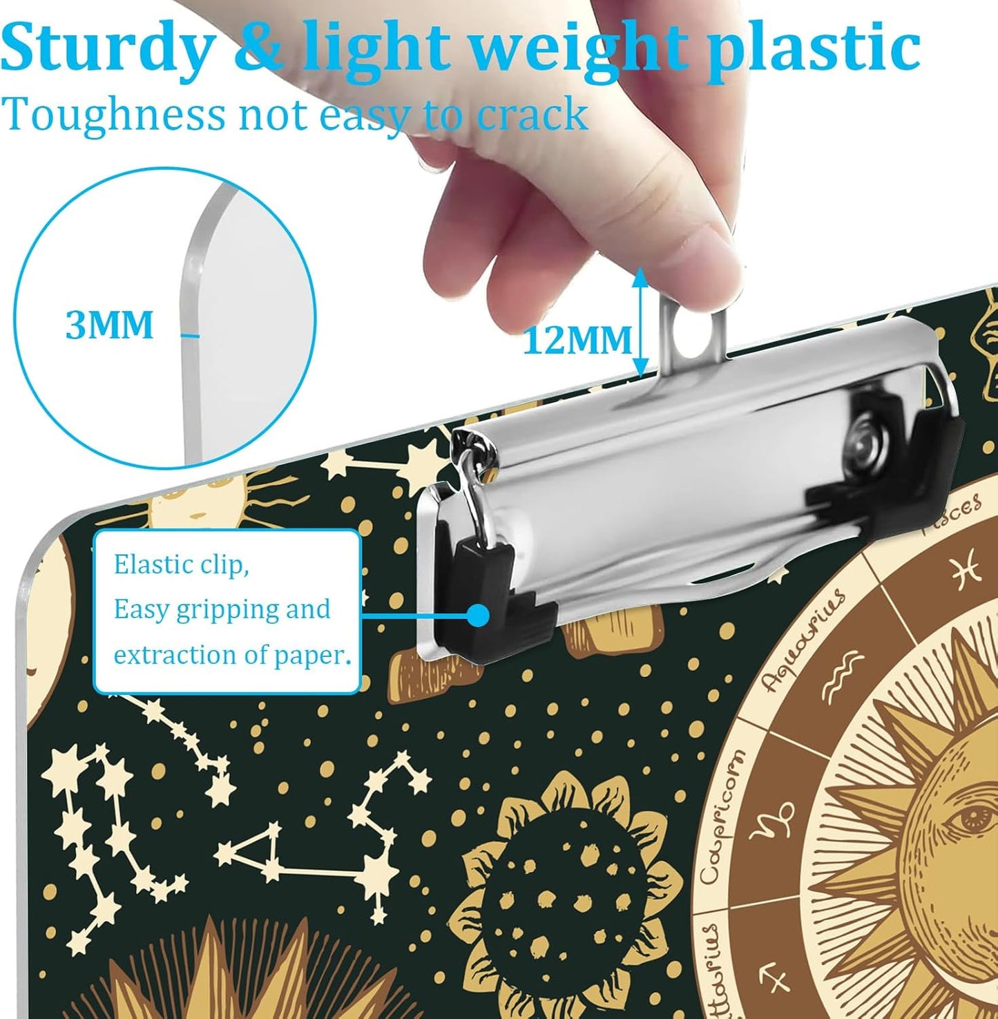 Horoscopes and Zodiacs Clipboard Standard A4 Letter Size 12.5 x 8.7 Plastic Clipboard Low Profile Clip Retractable Hanging Tab Decorative Clipboard