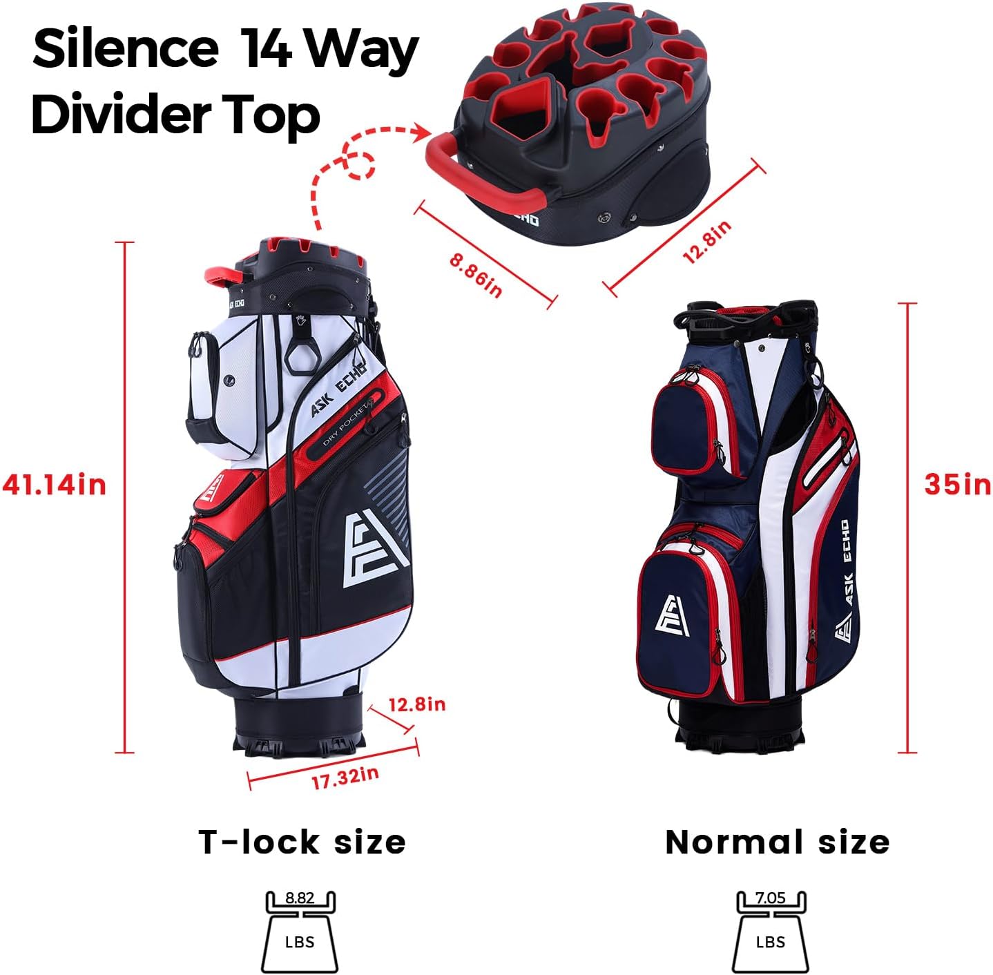 ASK ECHO T-Lock Golf Cart Bag with 14 Way Organizer Divider Top, Premium Cart Bag with Handles and Rain Cover for Men