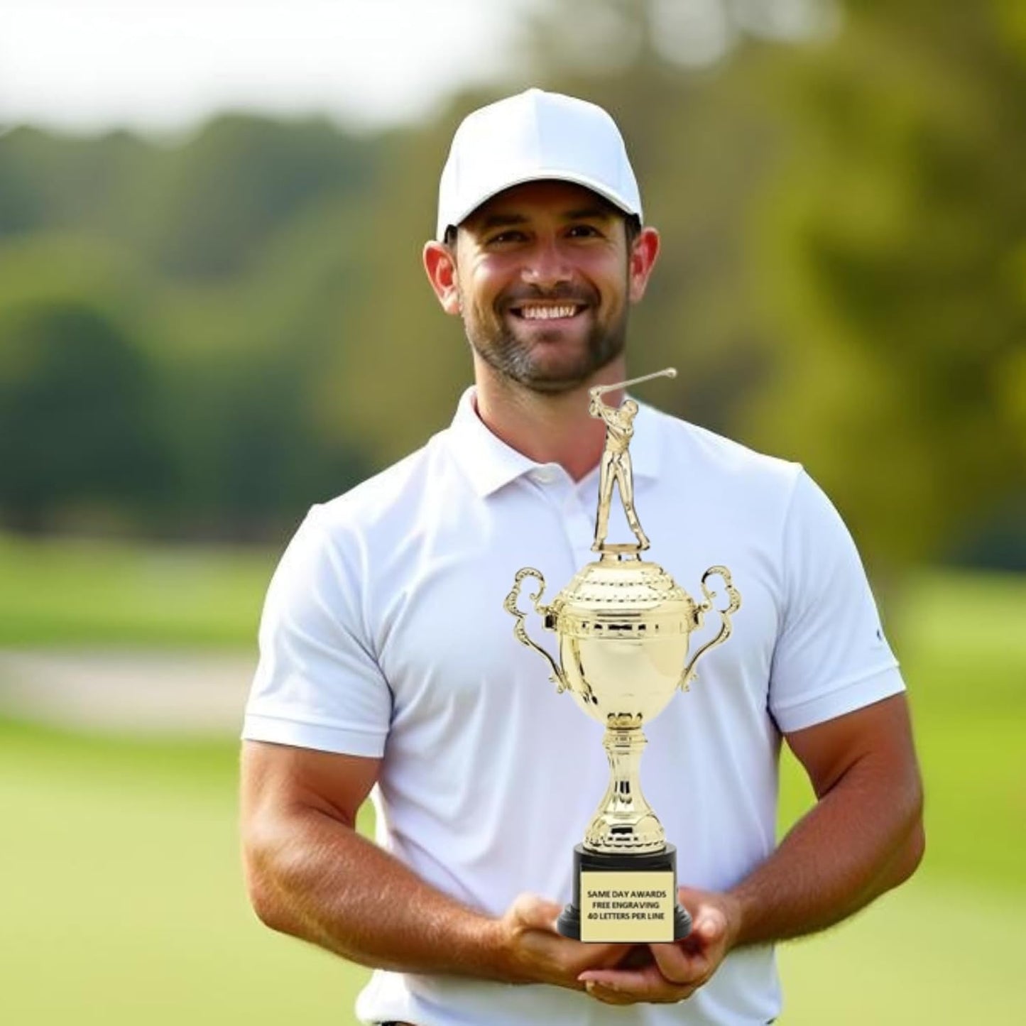 Golf Trophy Cup Monaco Gold with Male Golf Driver Figure – Custom Engraved Championship Award for Tournaments Leagues and Player Recognition Longest Drive