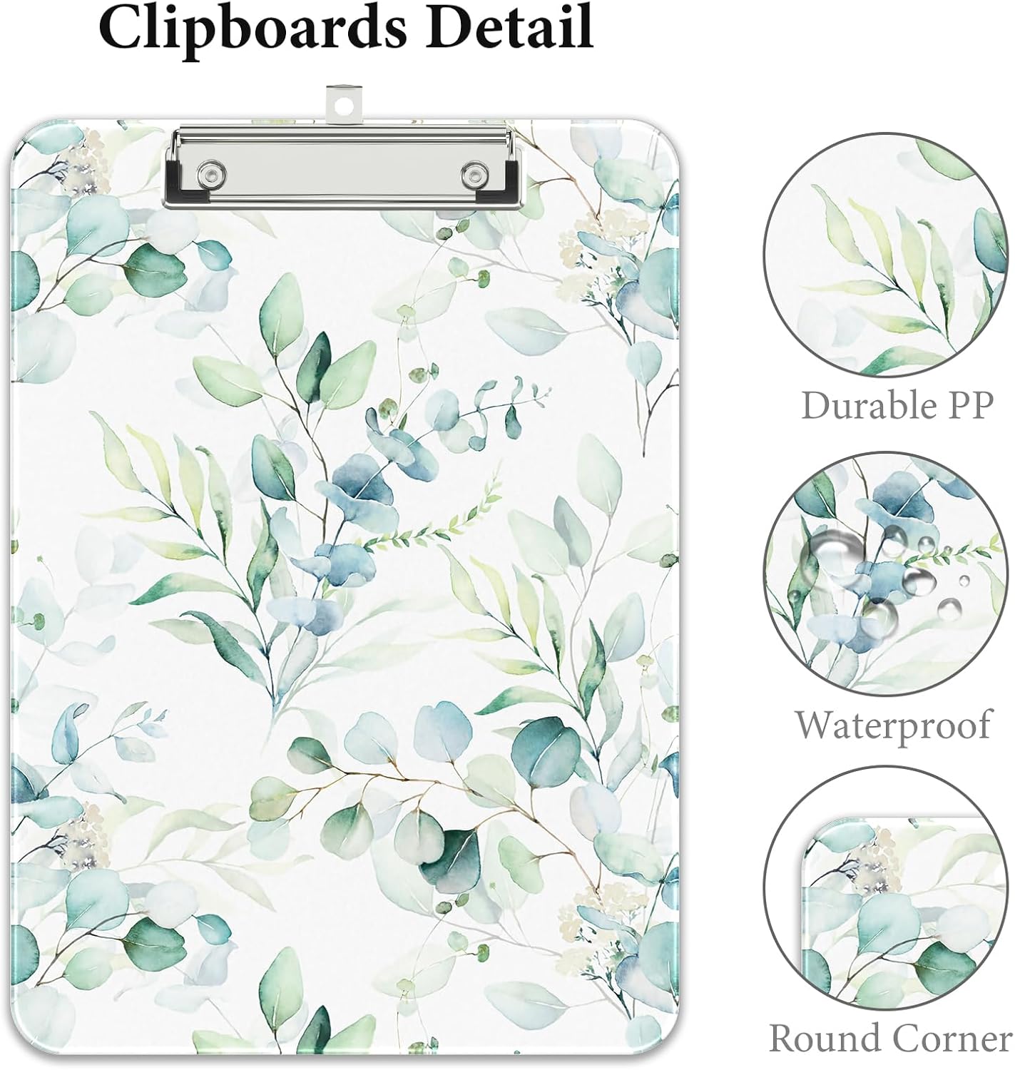 Rimilak Plastic Clipboards with Metal Clip, A4 Letter Size 9 x 12.5 in, Office Decorative for Students Women Men and Kids, Cute Custom Pattern, Green Leaves