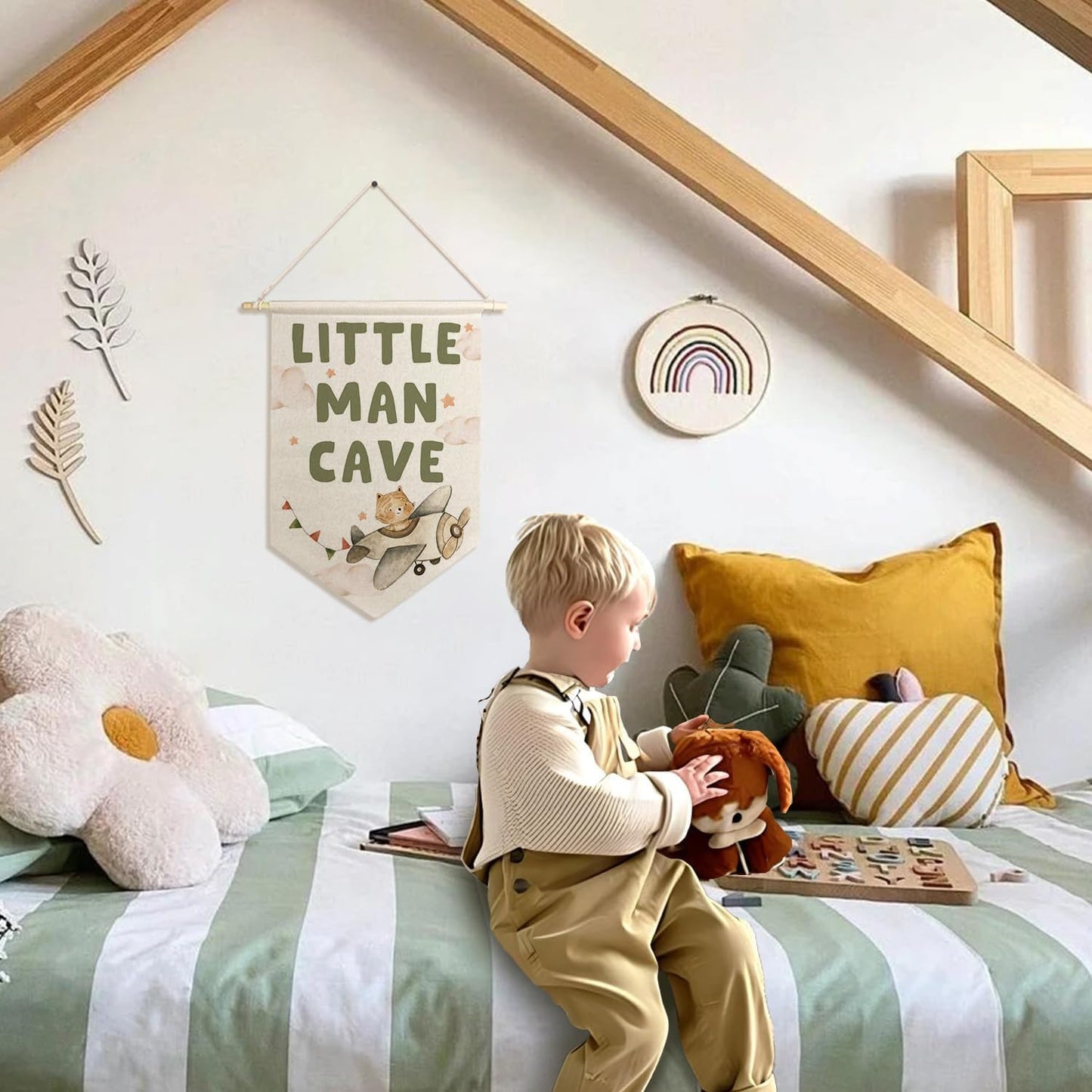 ArtisaEura Little Man Cave Wall Canvas Banners, Airplane Nursery Decor, Baby Tiger in Plane Hanging Display Pennant Banner Flags, Nursery Wall Decor for Kids Boys Room Bedroom Playroom