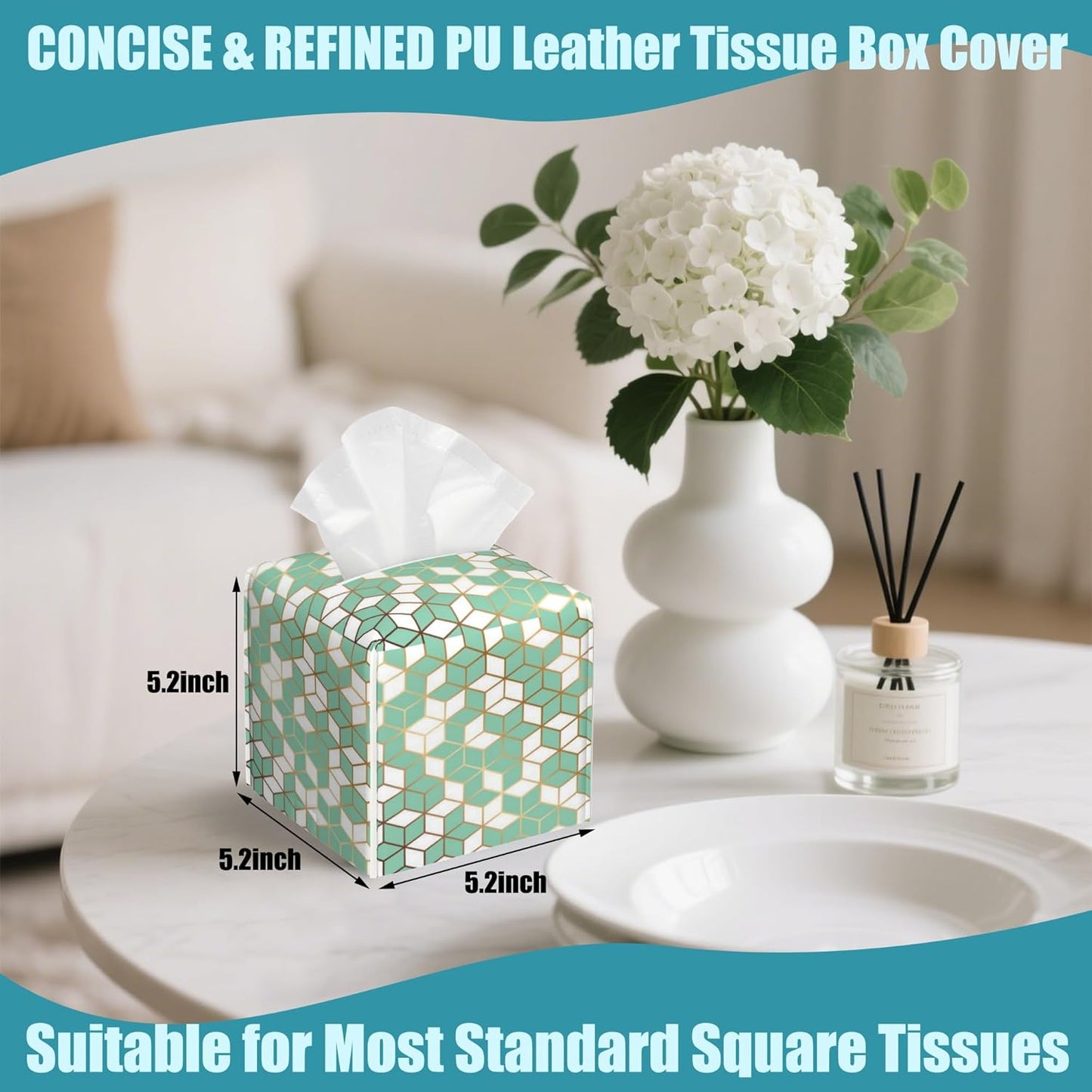 Green Marble Leather Tissue Holder,Golden Geometric Square Tissue Box Cover with Bottom Belt,Modern Decorative Facial Tissue Paper Cover for Bedroom Nightstand Vanity Desk Office,5.2" x 5.2" x 5.2"