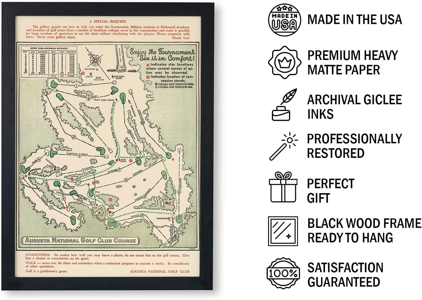 Historic Map - Augusta National Golf Club Course, 1954, Augusta National Golf Club - Vintage Wall Art (18x24 Framed)