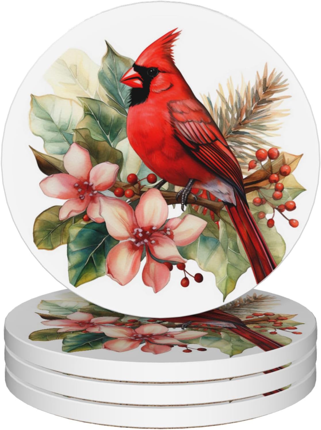 Cardinal Coasters Set of 4, Absorbent Ceramic Stone Coasters with Cork Base, Winter Christmas Home Decor, Ideal Gifts