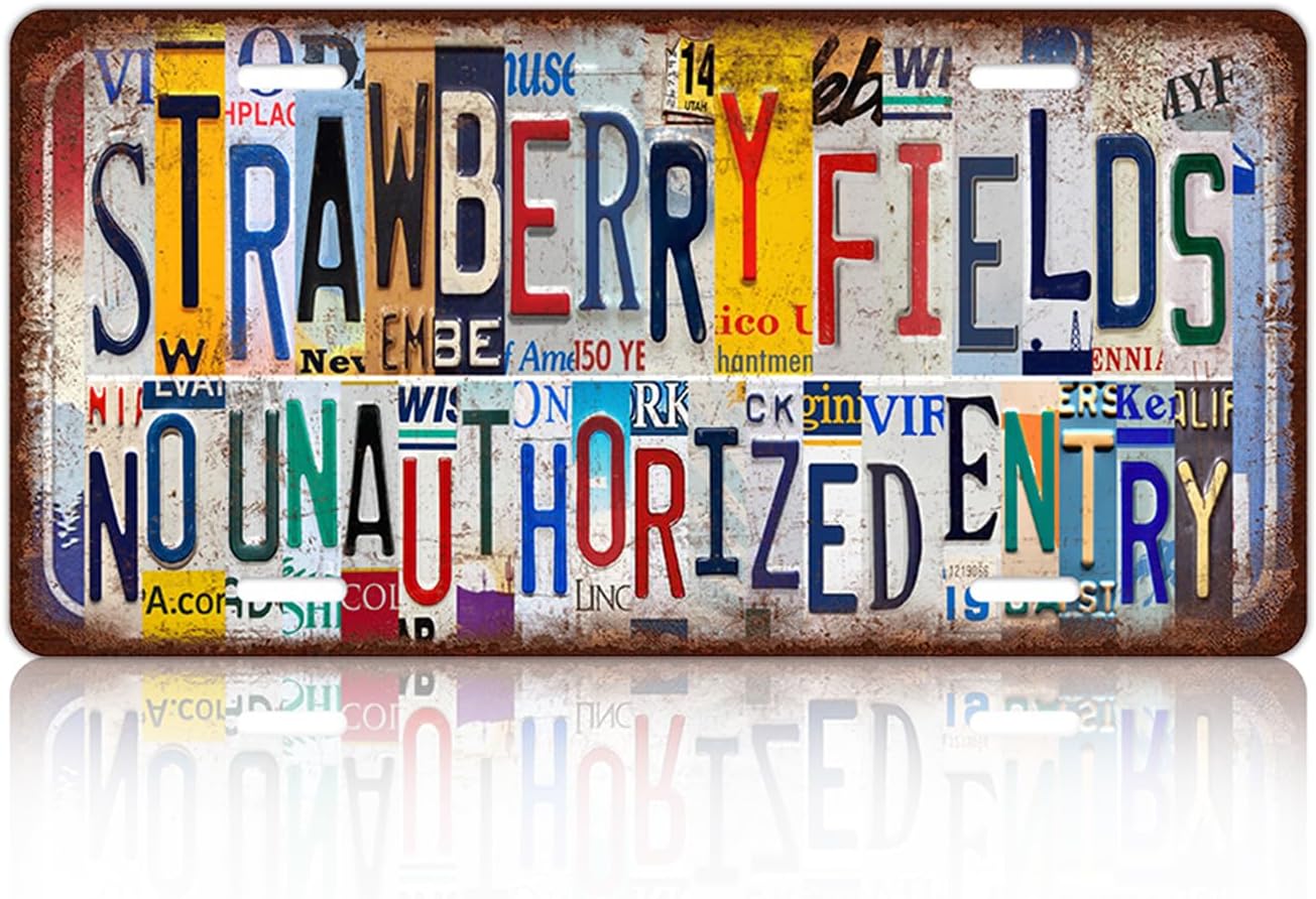 Vintage License Plate Wall Decor Strawberry Fields No Unauthorized Entry Metal Tin Sign For Bar Home 12 x 6 Inches