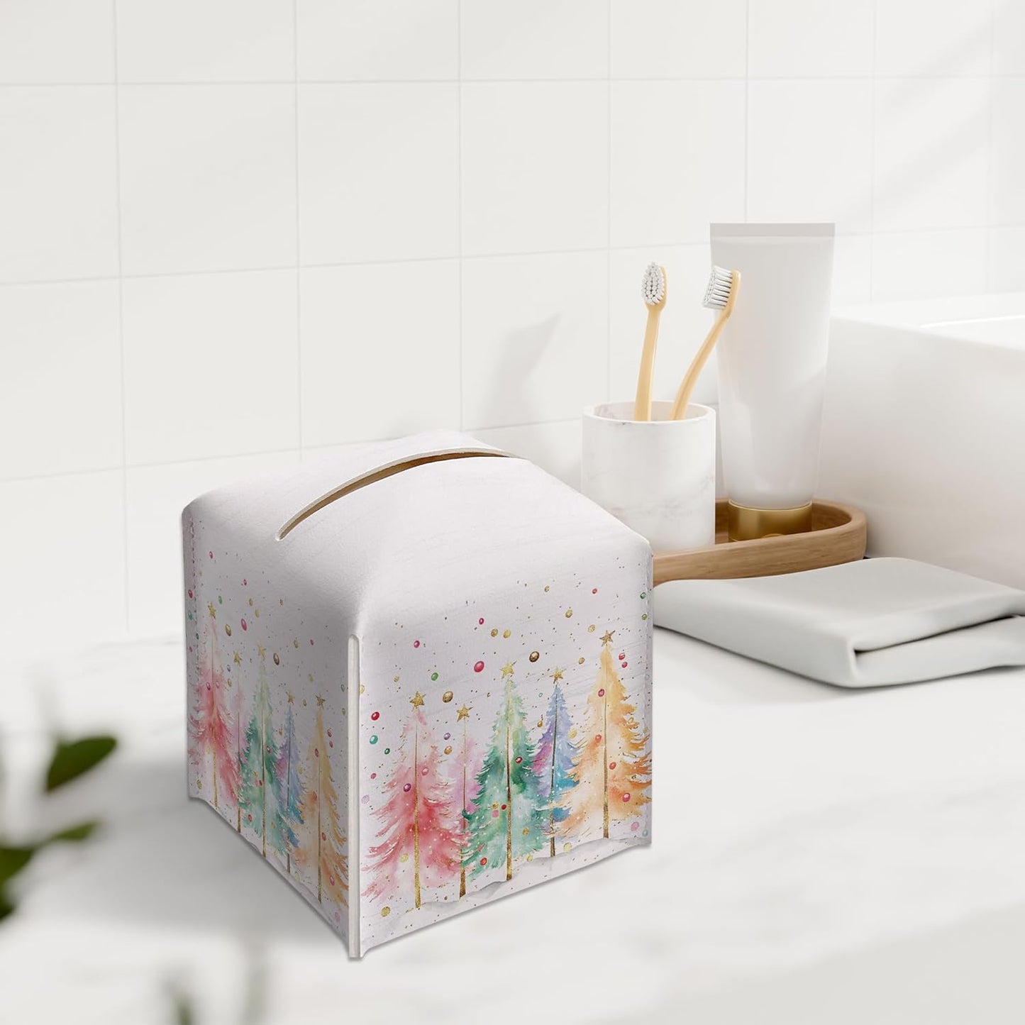 Women Tissue Box Holder, Colorful Christmas Tree Leather Tissue Box Cover Square, Paper Facial Decorative Tissues Cover for Night Stands Bathroom Kitchen Office Home Decor-B19