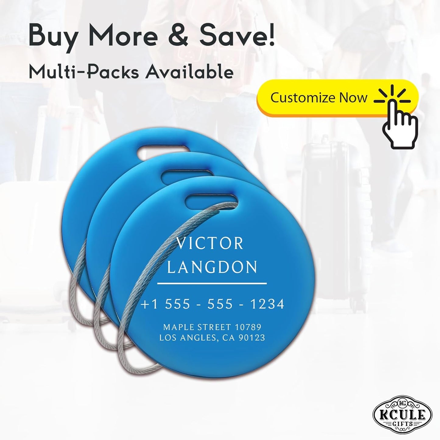 Stainless Luggage Tags for Suitcases: Metal Personalized Luggage Tags and Bags with Customizable Texts (Blue)