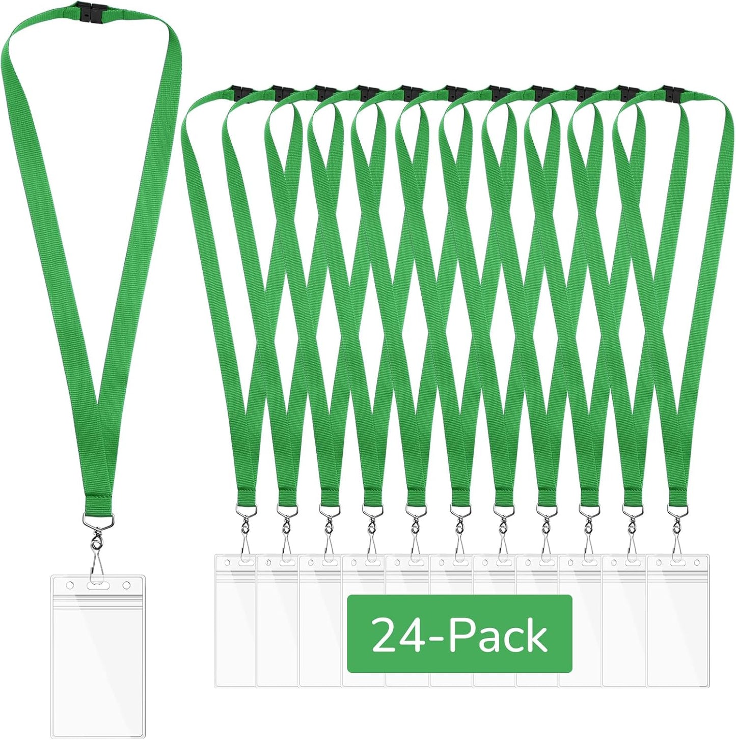 24-Pack Green Breakaway Lanyards with Waterproof Badge Holders, Polyester Neck Straps for ID Cards, Events, Office, and Schools