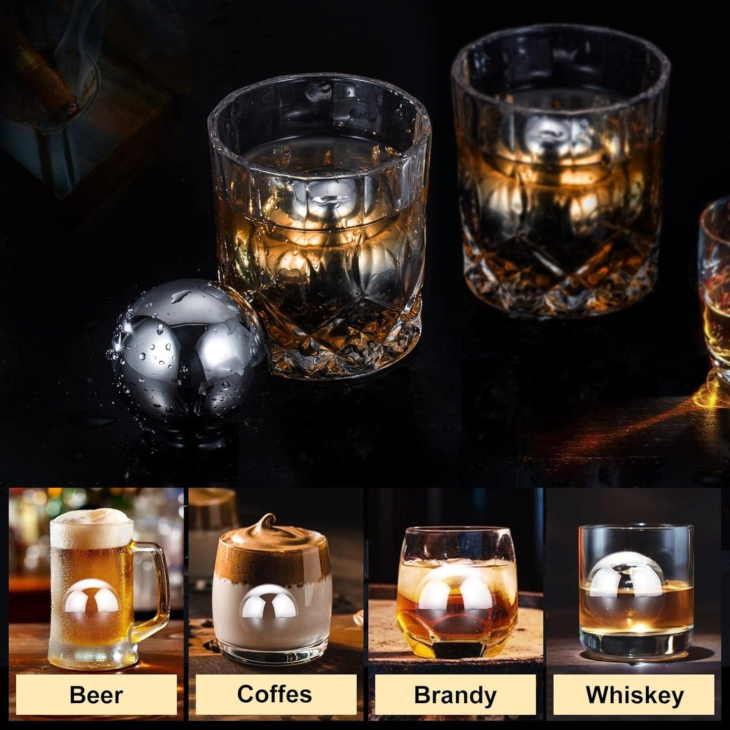 Whiskey Balls Whiskey Stones Stainless Steel Metal Ice Cube Golf Ball 2.2" Wine Ice Balls Gifts Set of 2 for Men Dad Christmas, Anniversary Birthday Gifts