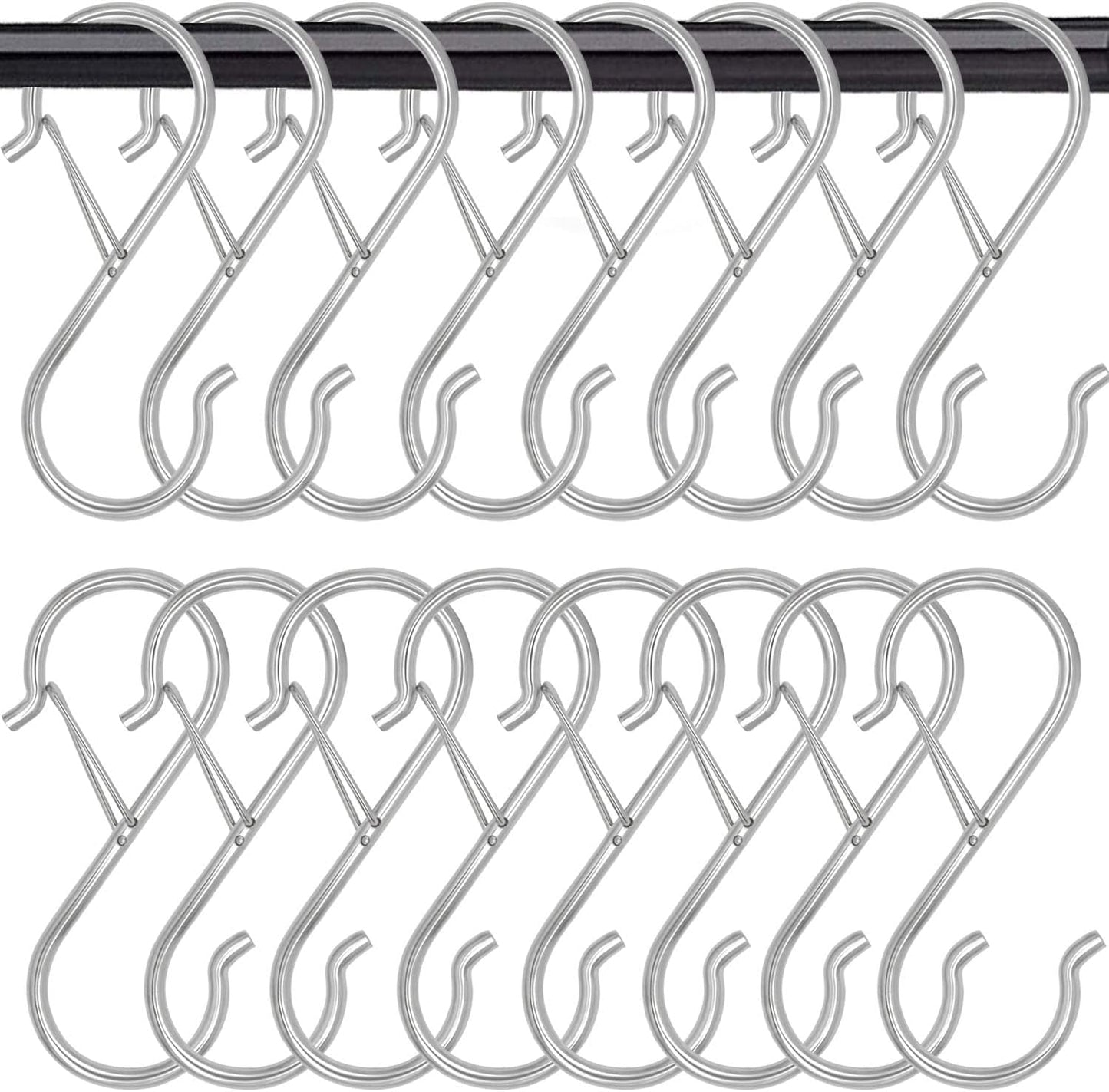 16 Pack S Shaped Hooks - 3.5 inch Heavy Duty Hooks with Safety Buckle for Hanging Plants, Clothes, Kitchen Utensils, Bags (Silver)