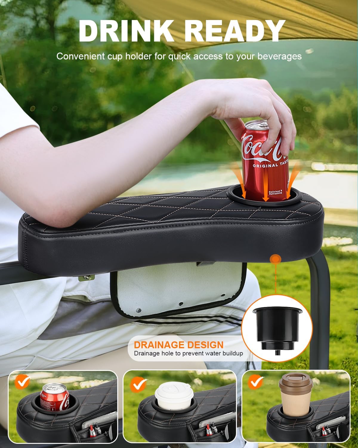 Golf Cart Armrest with Cup Holder & Rear Seat Organizer, No Drilling Golf Cart Diamond Arm Rest Fits 1" Square Tube Frame Compatible with EZGO Club Car Yamaha, Enhanced Storage & Comfort