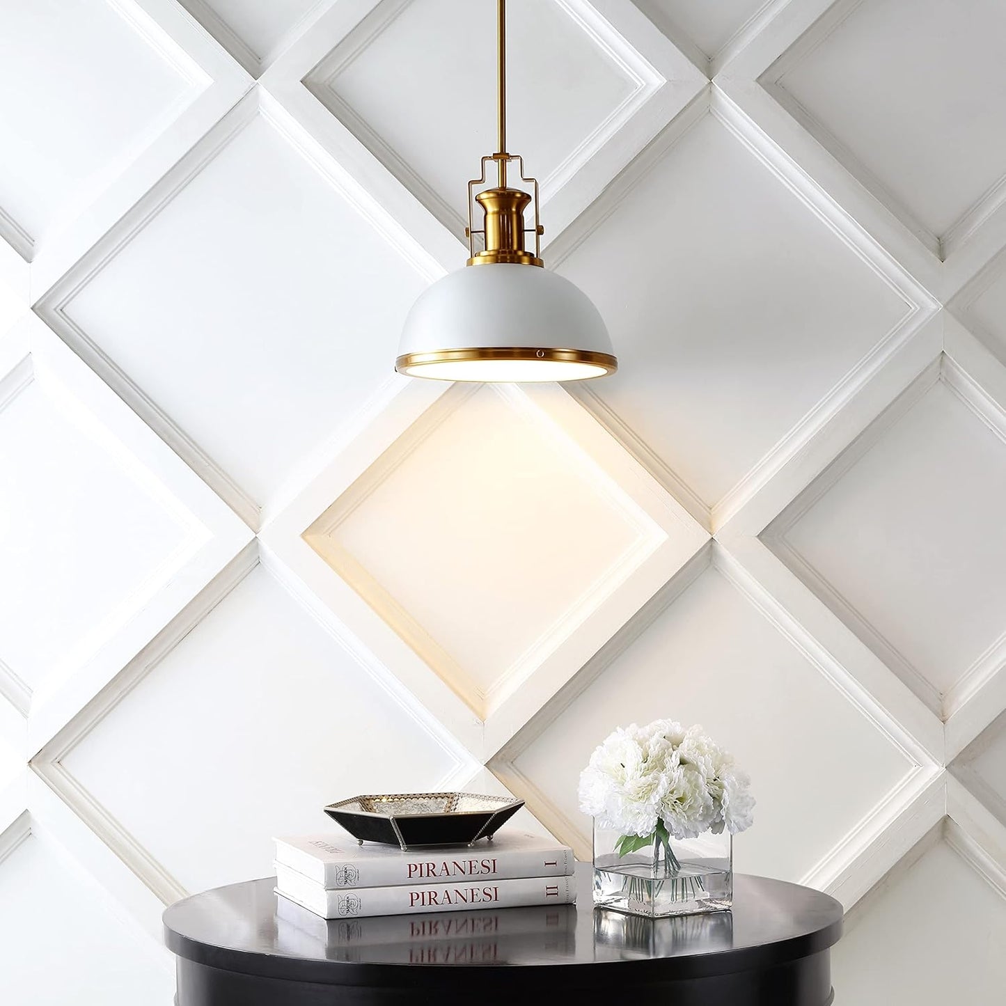 JONATHAN Y JYL9536D Homer 13" 1-Light Modern Industrial Iron LED Dome Pendant Classic, Cottage, Farmhouse Bedroom Living Room, Brass Gold/White