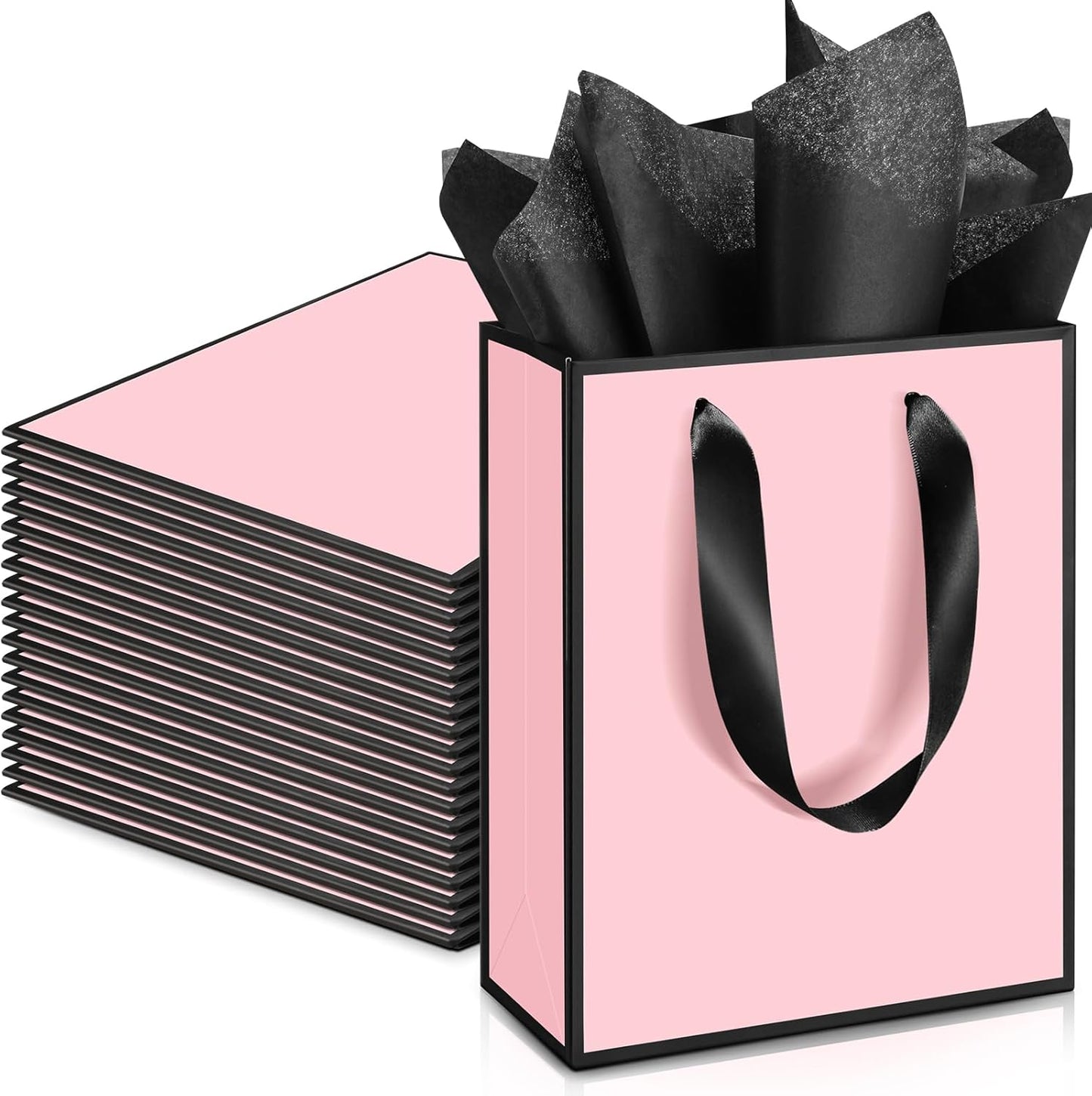 Yeaqee 24 Pack Metallic Paper Gift Bags with Handle and Tissue 9x7x3.1 Gold Foil Welcome Favor Bags Return Gifts for Wedding Fall 5 Senses Christmas Bridesmaid Birthday(Light Pink and Black)