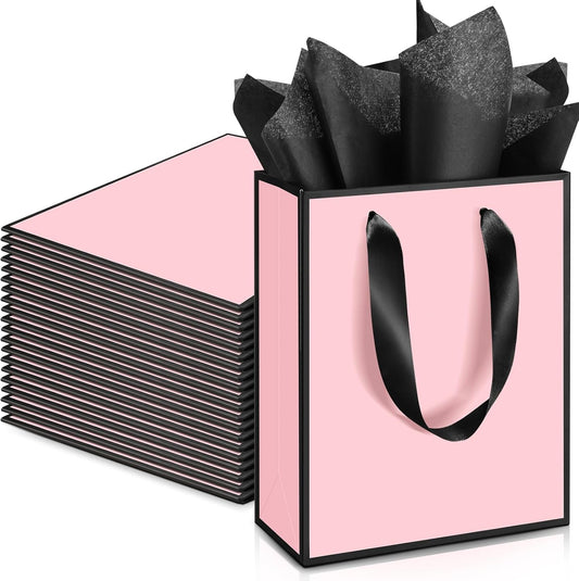 Yeaqee 24 Pack Metallic Paper Gift Bags with Handle and Tissue 9x7x3.1 Gold Foil Welcome Favor Bags Return Gifts for Wedding Fall 5 Senses Christmas Bridesmaid Birthday(Light Pink and Black)