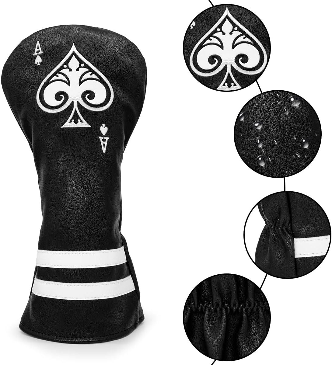 Black Golf Ace of Spade Golf Club Cover for Golf Clubs - Hybrid Headcover Golf Driver Headcover 3 Wood Head Cover (Rotatable 2 3 4 5 6 Ut Head Cover) Putter Headcover