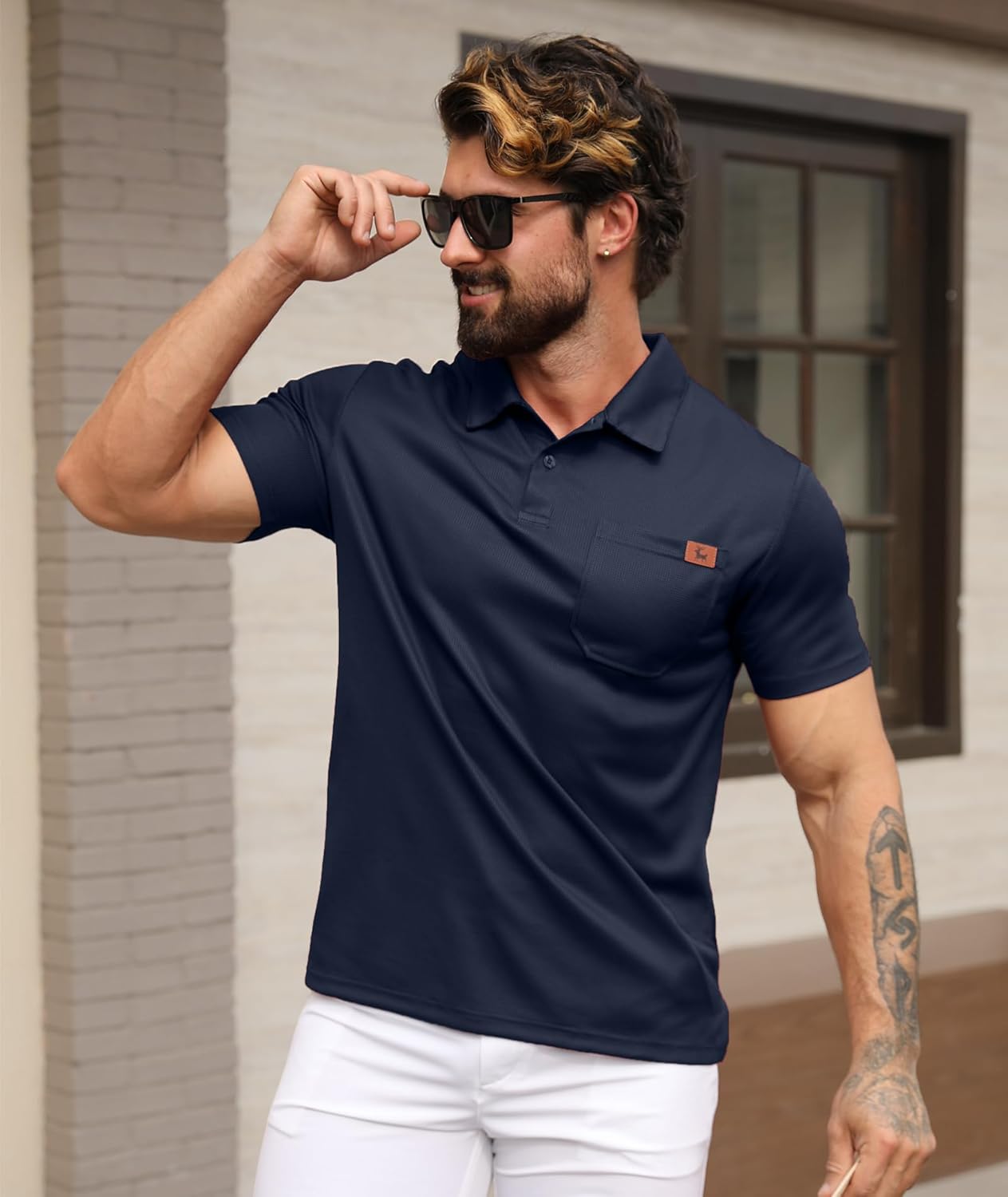 GEEK LIGHTING Mens Waffle Texture Polo Shirts Short Sleeve Casual T-Shirts Moisture Wicking Collared Golf Shirt with Pocket