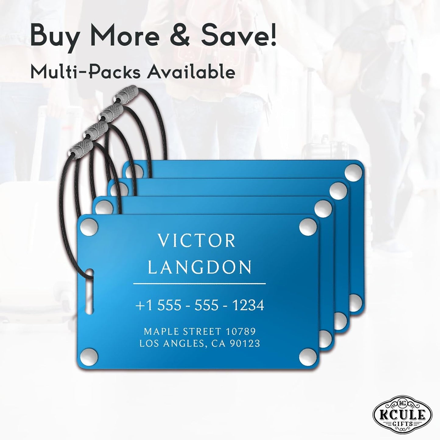 Personalized Luggage Tags for Suitcases - Aluminum Custom Luggage Tags for Backpacks & Bags, Sturdy, Waterproof & Heavy Duty (Blue/Card-Sized)