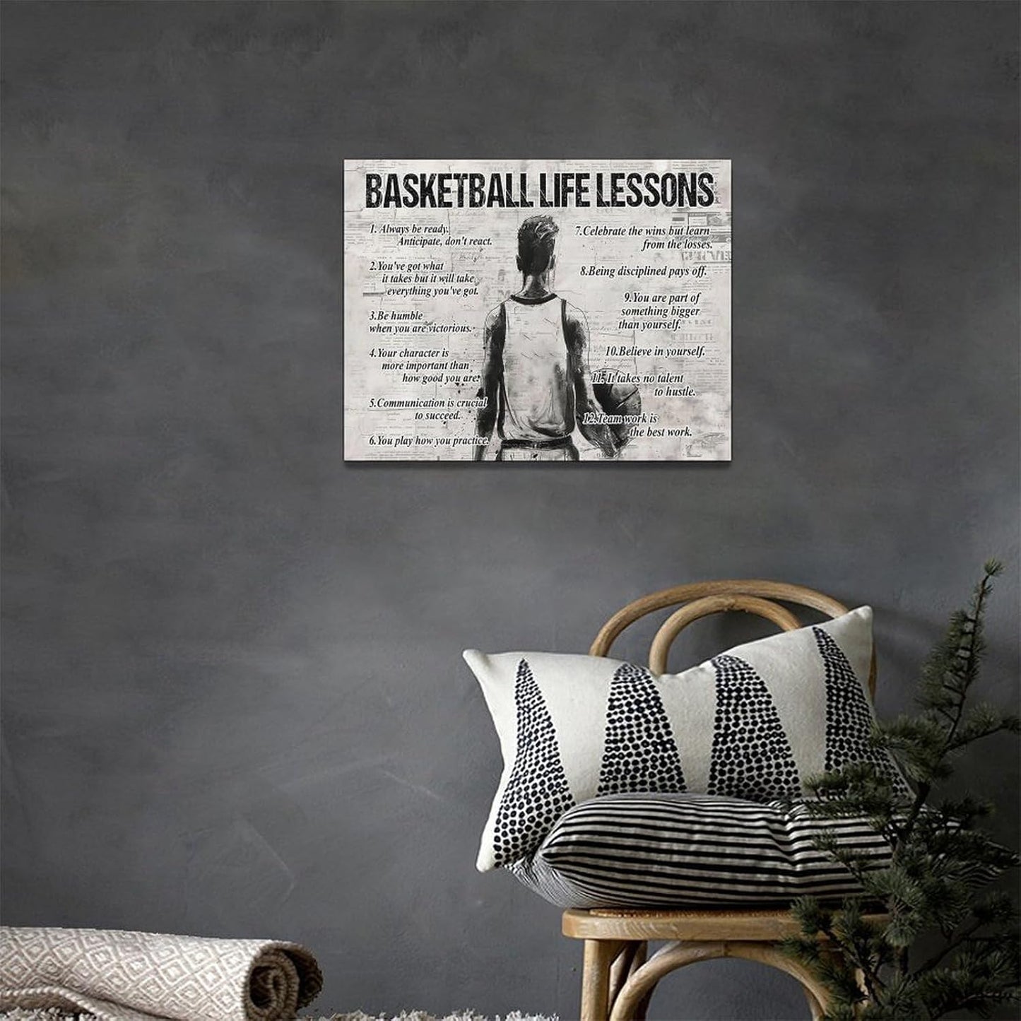 Basketball Life Lessons Wall Art - Sports Sign Retro Poster for Boy Men Room - Motivational Decorations Canvas Print Painting Artwork for Bedroom Bathroom Living Room 16"x12"