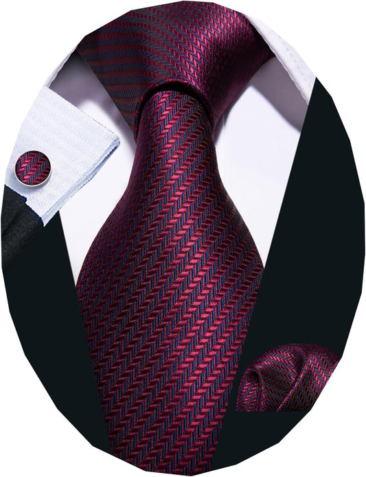 Barry.Wang Designer Classic Ties for Men Set Formal Pocket Square Cufflink Check Plaid