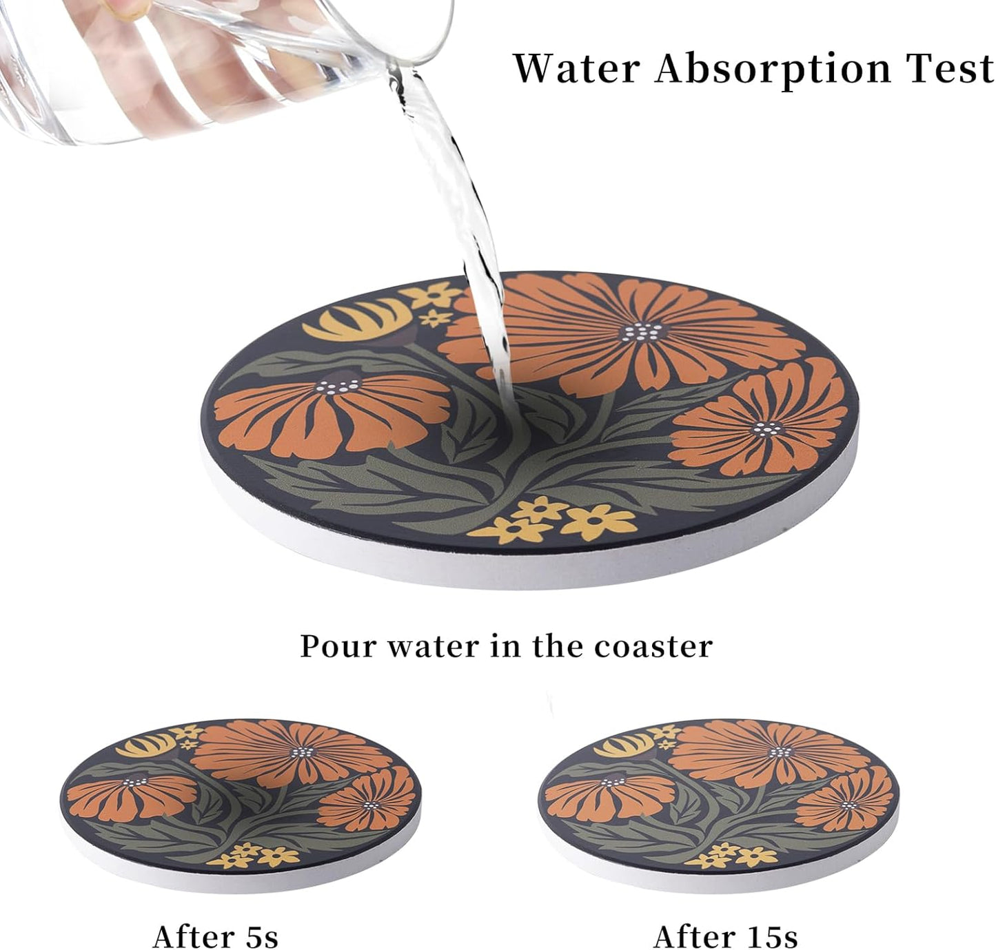 Coasters Absorbent Ceramic Coaster Drink Coasters with Cork Back Beautiful Artistic Flowers Set of 6 Round Coaster Non Slip for Coffee Table Wine Glass Home Bar 4 Inch, Colorful