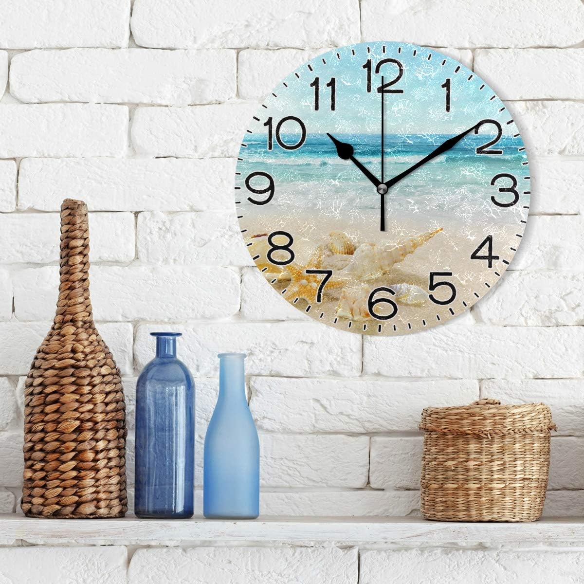 Shells On Beach Wall Clock Battery Operated Non Ticking Silent Quartz Analog Rustic Farmhouse Round Clock Retro Decor for Home Kitchen Living Room Bathroom