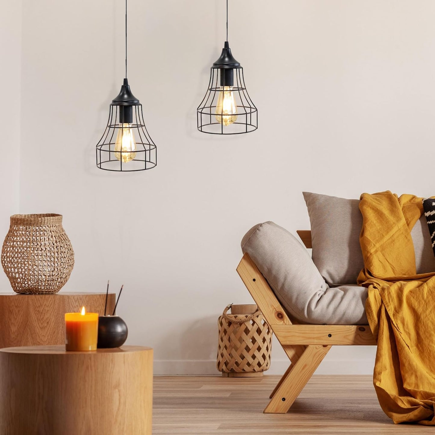 JHY DESIGN Hanging Lamp Set of 2 Battery Powered Decorative Pendant Lamp Metal Cage Battery Lamp with 6 Hours Timer for Bar Bedroom Garden Parties Patio Indoor Outdoor Living Room(Geometry)