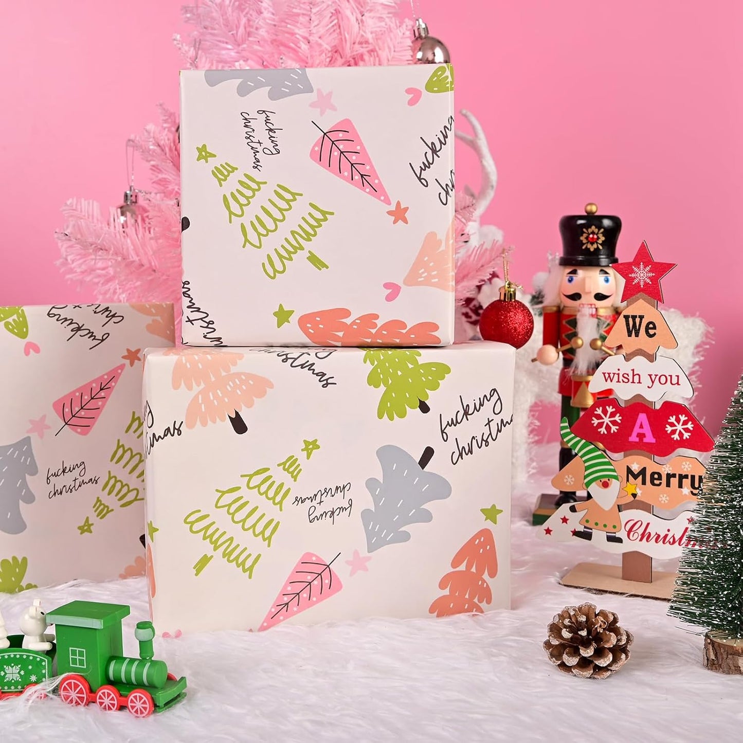 Dtiafu Funny Christmas Tree Wrapping Paper Fuxking Christmas Gift Wrap Paper Bulk Folded Flat Inappropriate Words for Women Men Adult Grandma Holiday Birthday (6 Pack)