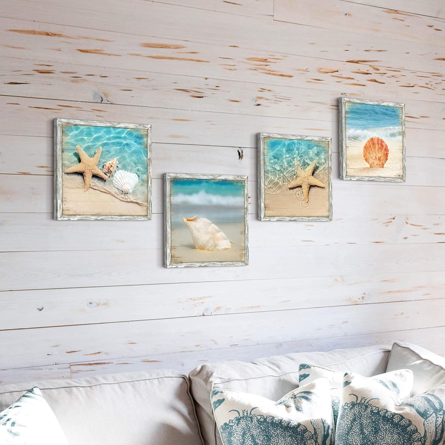 Beach Pictures Framed Wall Art: Seascape Artwork Set of 4 Seashell & Starfish Pictures Prints on Wood Ocean Wall Decor for Bedroom