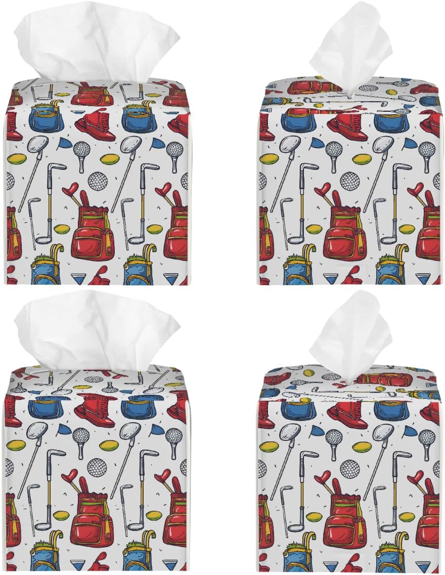 Square Leather Tissue Box Cover, Waterproof Napkin Dispenser with Golf Balls Print, Tissue Holder for Bathroom, Living Room, Bedroom, Office, and Car Decor