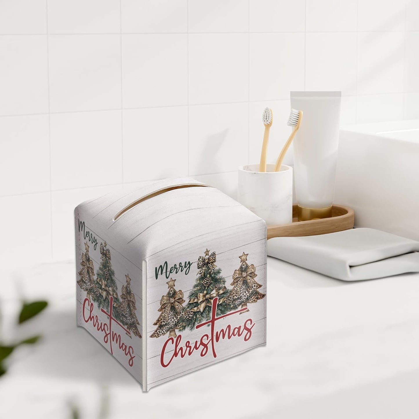 Leopard Print Christmas Tree Box Holder, Coquette Bow Sublimation Leather Tissue Box Cover Square, Paper Facial Decorative Tissues Cover for Night Stands Bathroom Office Home Decor-B29