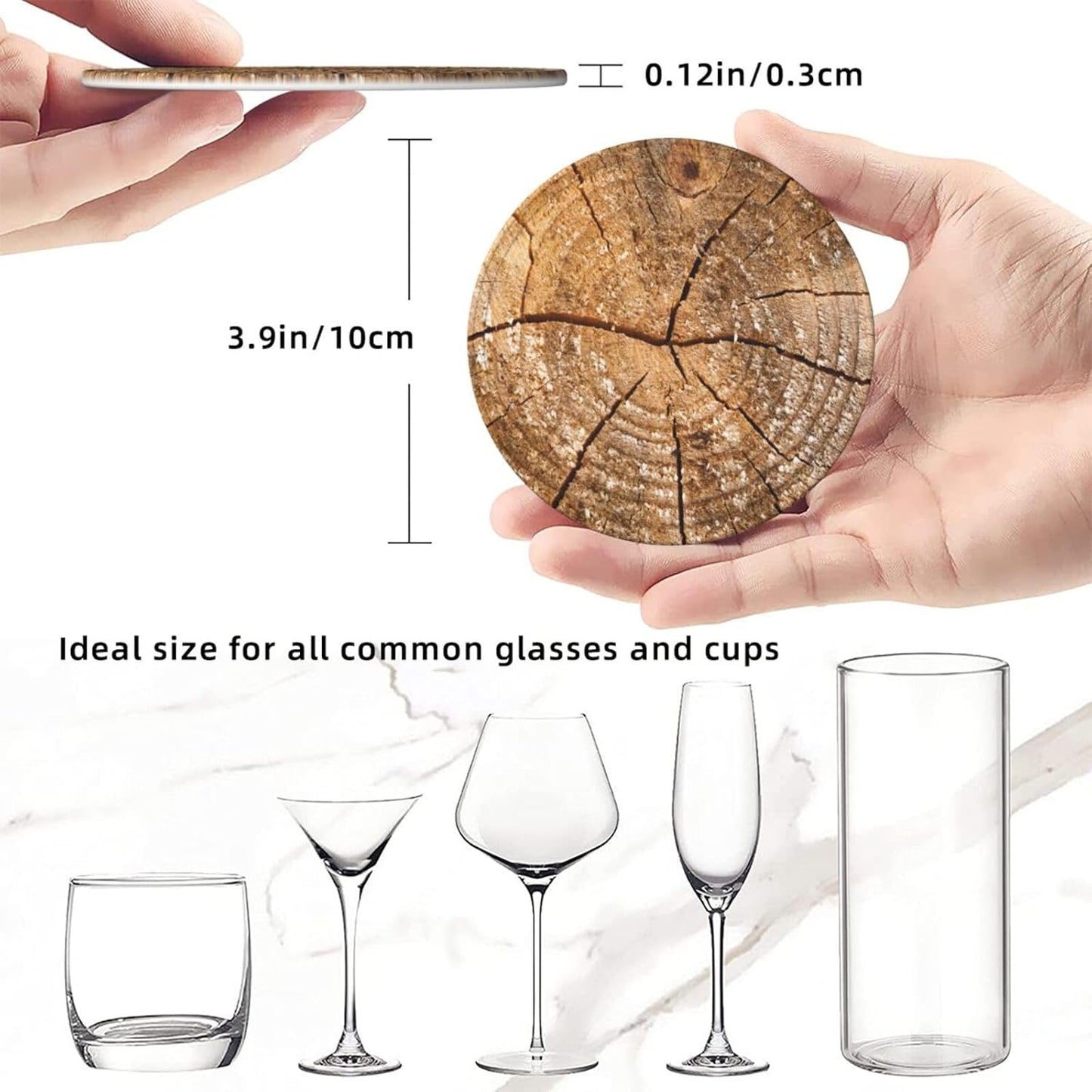 Tree Rings Wooden Old Wood Rustic Coasters for Drinks Round Leather Coaster with Holder Set of 6 for Tabletop Protection Desk Accessories Office Home Room Decor