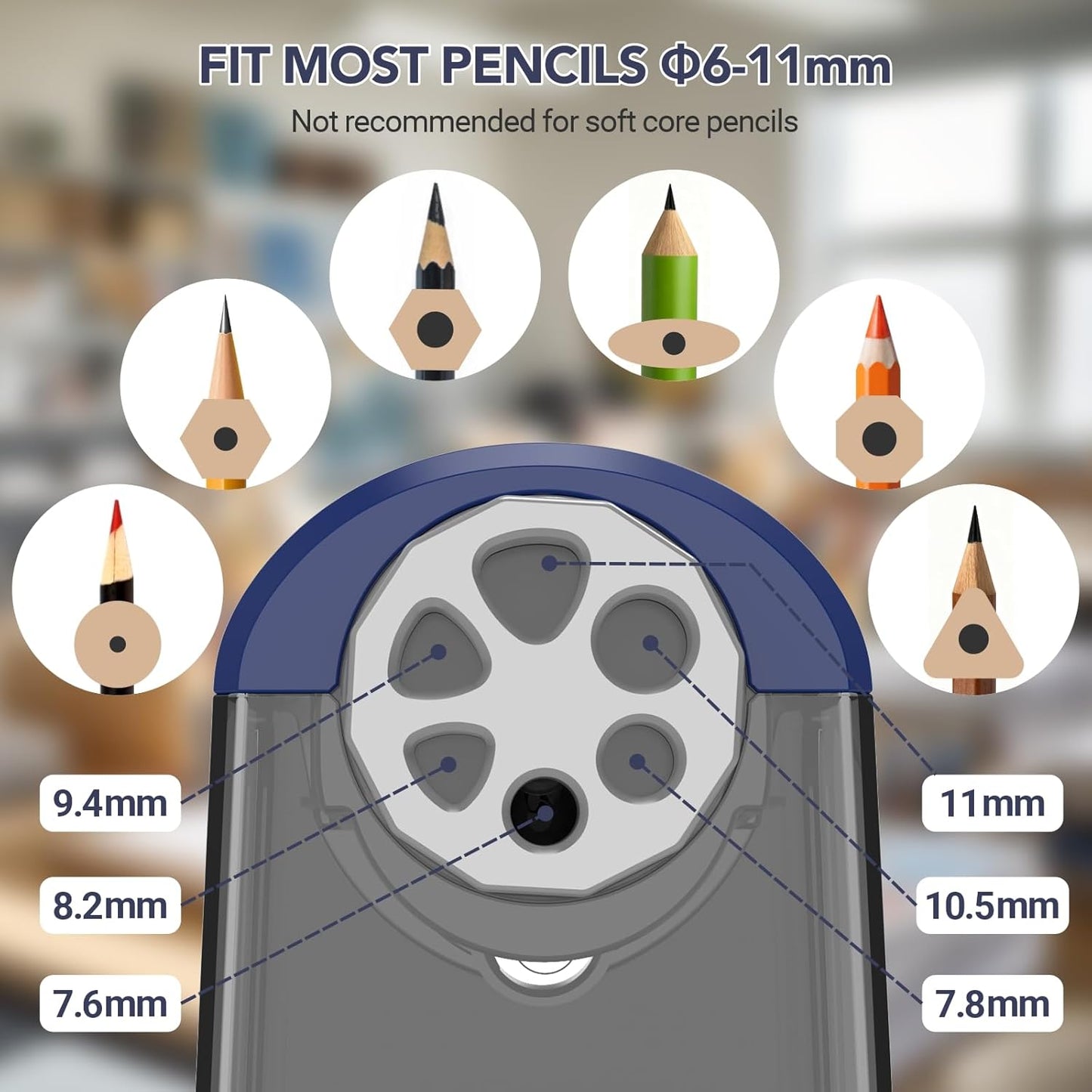 AFMAT PSD2 Electric Pencil Sharpener Heavy Duty, 6 Holes, Cordless & Rechargeable, Fast Sharpen, Auto Stop, 10K+ Uses, Classroom Pencil Sharpener for 6-11mm No.2/Large/Colored Pencils, Blue