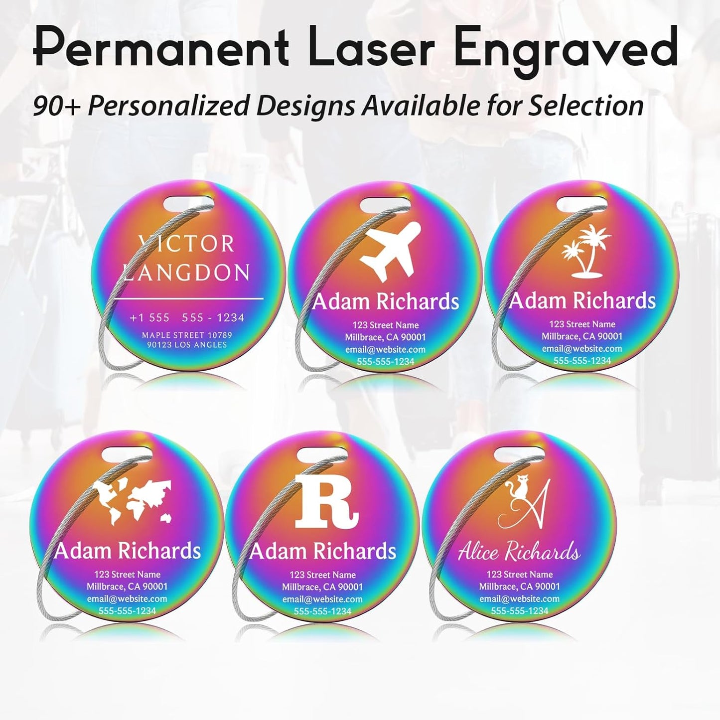 Custom Stainless Steel Luggage Tags: Personalize Your Suitcases, Backpacks, and Bags with Your Text (Rainbow) Elegant Circle-Rainbow