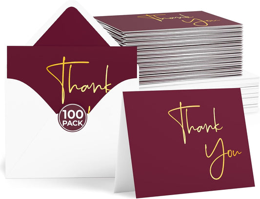 VNS Creations Gold Foil Thank You Cards With Envelopes Bulk Set & Stickers - 100 Pack 4x6 Blank Thank You Notes Box Set - Large Note Card Small Business, Wedding, Baby Shower & Bridal Shower - Wine