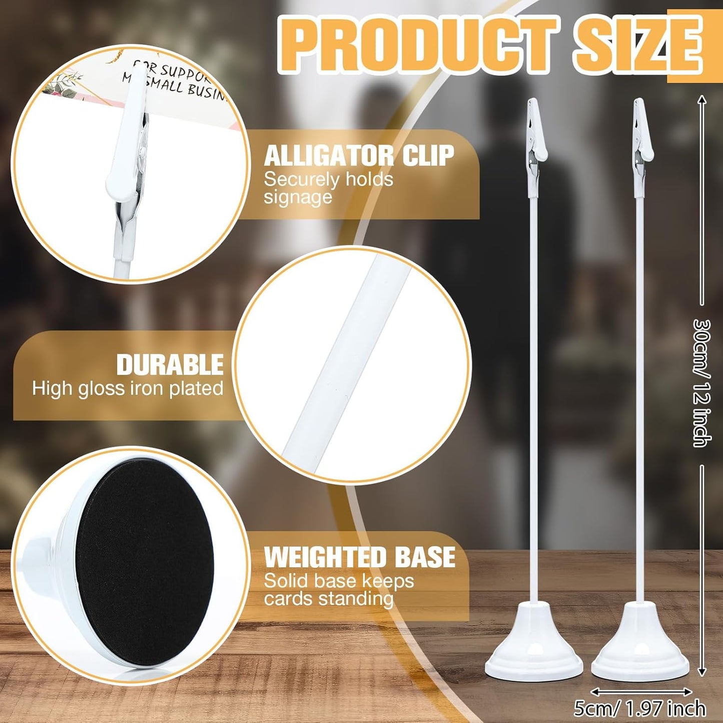 Skyygemm 12 Pcs Table Number Holders 12 Inch Place Card Holder with Alligator Clip Metal Place Card Stands Table Sign for Photos, Food Signs, Birthdays, Weddings(White)